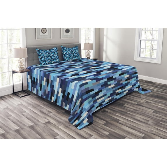Ambesonne Blue Quilted Bedspread Set 3 Pcs, Geometric Design Stripes, King Size, Multicolor