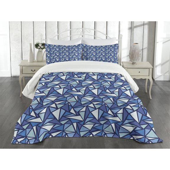Ambesonne Blue Quilted Bedspread Set 3 Pcs, Geometrical Abstract Ice, King Size, Blue White