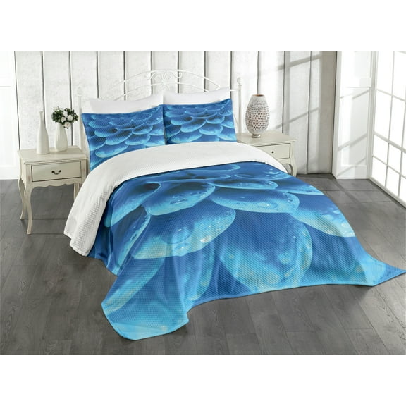 Ambesonne Blue Quilted Bedspread Set 3 Pcs, Gerbera Abstract Petals, King Size, Blue Pale Blue