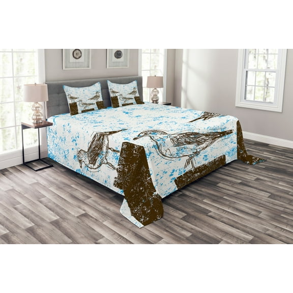 Ambesonne Blue Quilted Bedspread Set 3 Pcs, Grungy Sketch Seagulls, Queen Size, Blue White Brown