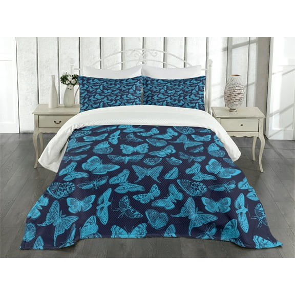 Ambesonne Blue Quilted Bedspread Set 3 Pcs, Hand Drawn Butterflies, Queen Size, Pale Blue and Dark Blue