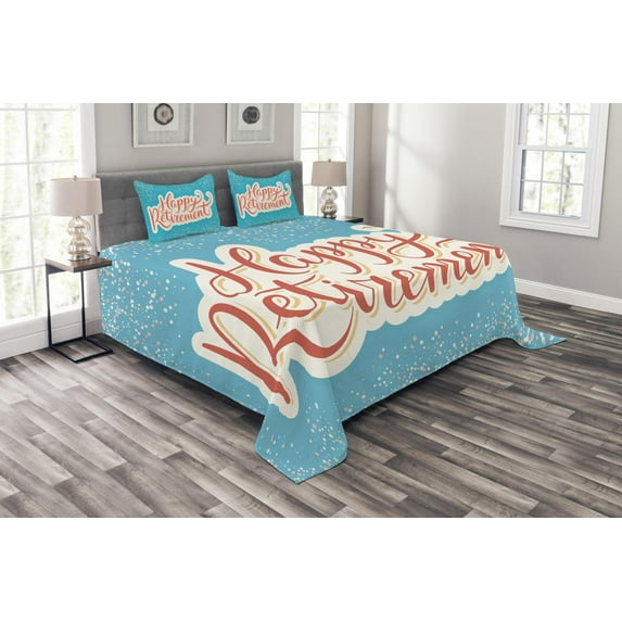 Ambesonne Blue Quilted Bedspread Set 3 Pcs, Happy Retirement, King Size, Coral White Sky Blue
