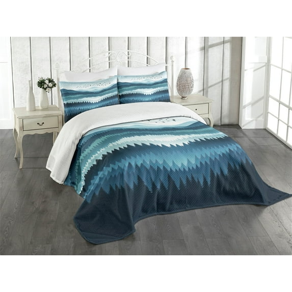 Ambesonne Blue Quilted Bedspread Set 3 Pcs, Mountain Trees and Birds View, Queen Size, Dark Lavender Sea Blue