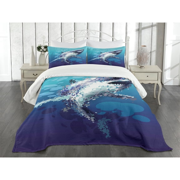 Ambesonne Blue Quilted Bedspread Set 3 Pcs, Shark Oceanlife Animal, King Size, Blue Grey