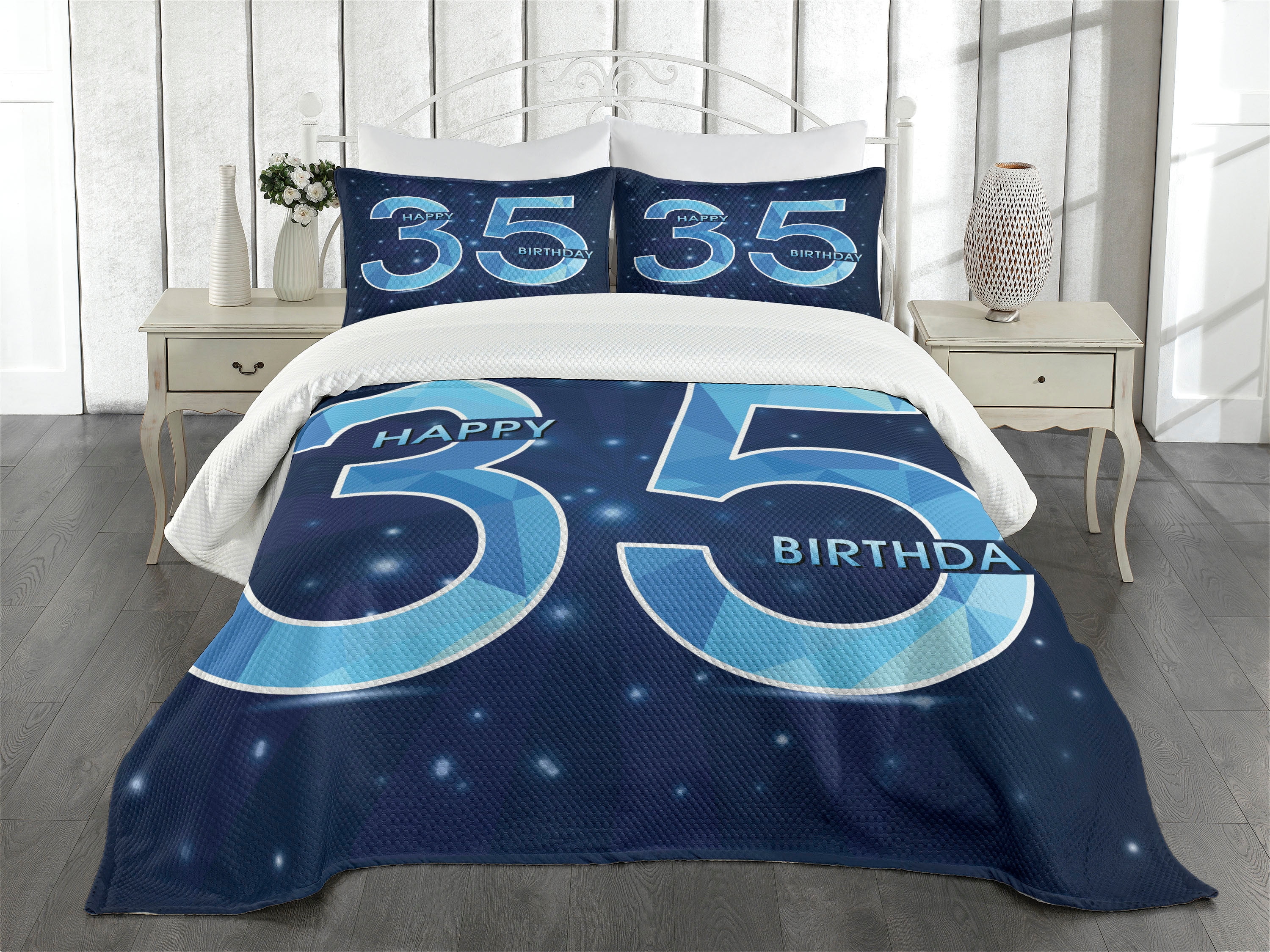 Blue Quilted Queen Bedspread Set with Pillow Shams
