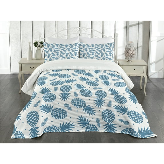 Ambesonne Blue Quilted Bedspread Set 3 Pcs, Tropical Fruit Pineapple, King Size, Blue White