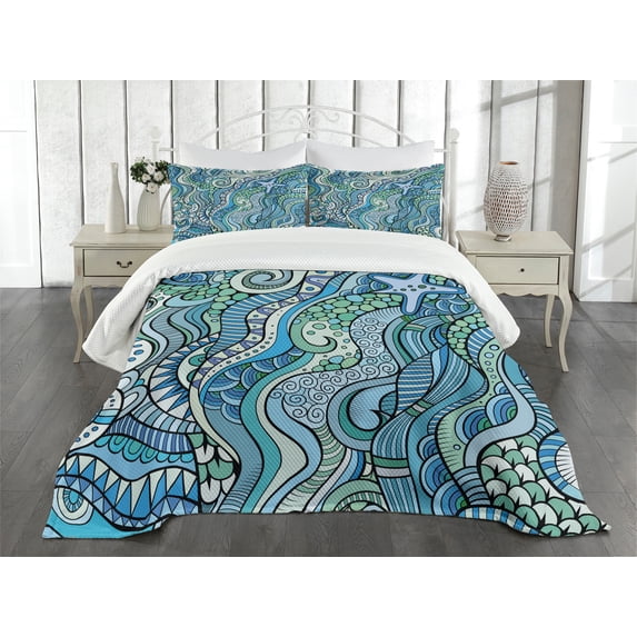 Ambesonne Blue Quilted Bedspread Set 3 Pcs, Underwater Wildlife Ethnic, King Size, Turquoise Blue Lavender