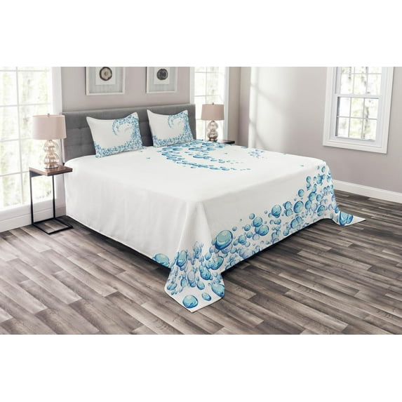 Ambesonne Blue Quilted Bedspread Set 3 Pcs, Water Droplets Bubbles, King Size, Blue Aqua White