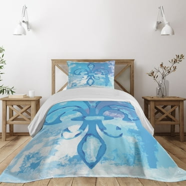Ambesonne Blue Quilted Coverlet 2 Pcs, France Fleur de Lis, Twin Size, Blue