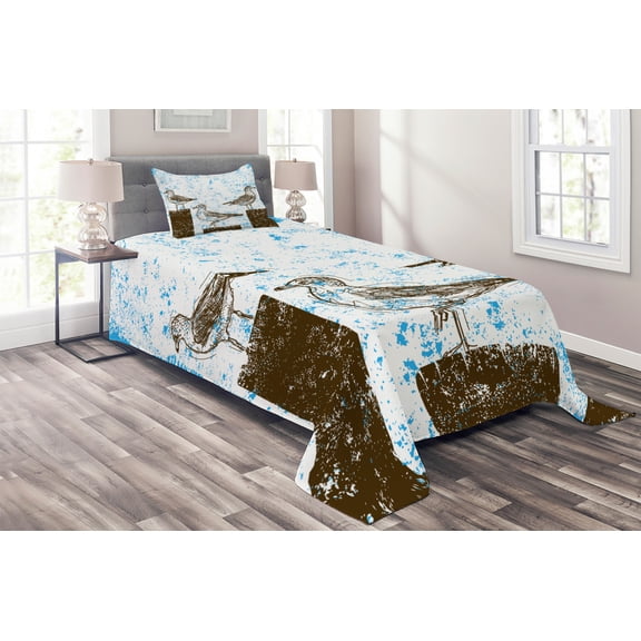 Ambesonne Blue Quilted Coverlet 2 Pcs, Grungy Sketch Seagulls, Twin Size, Blue White Brown