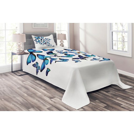Ambesonne Blue Quilted Coverlet 2 Pcs, Nature Botanic Spring, Twin Size, Blue Sky Blue Black