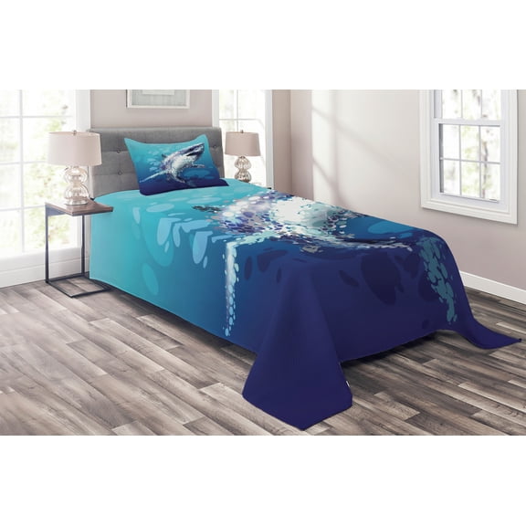 Ambesonne Blue Quilted Coverlet 2 Pcs, Shark Oceanlife Animal, Twin Size, Blue Grey