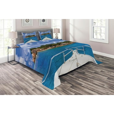 Ambesonne Blue Quilted Coverlet 3 Pcs, Boat Exotic Journey Tropic, King Size, Blue Green Ivory