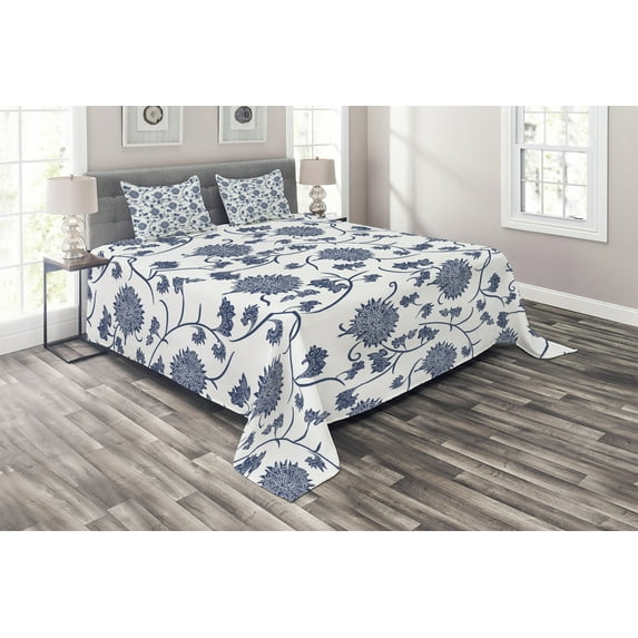 Ambesonne Blue Quilted Coverlet 3 Pcs, Chinese Garden Traditional, King Size, Blue White