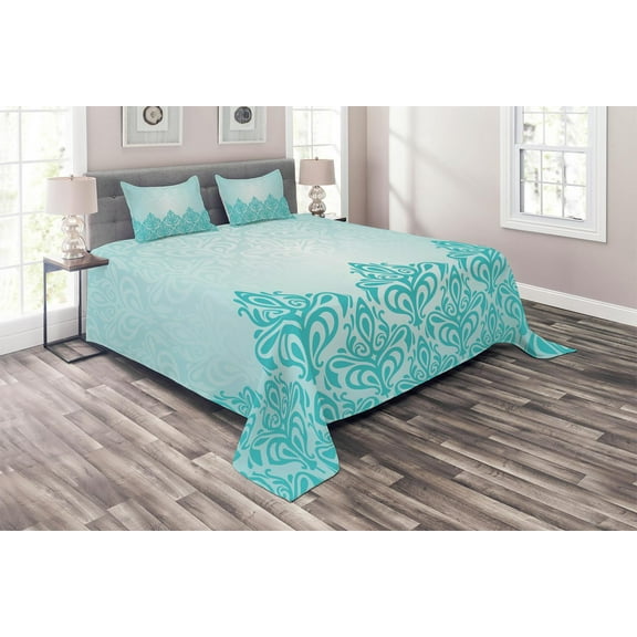 Ambesonne Blue Quilted Coverlet 3 Pcs, European Victorian Design, Queen Size, Blue