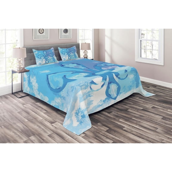 Ambesonne Blue Quilted Coverlet 3 Pcs, France Fleur de Lis, Queen Size, Blue