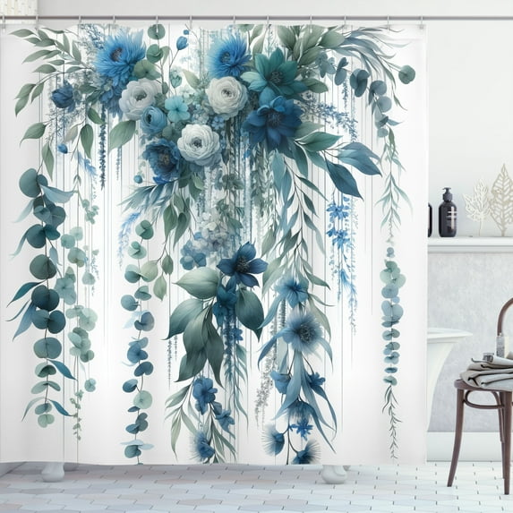 Ambesonne Blue Shower Curtain, Cold Colored Weeping Flowers, 69"Wx70"L, Laurel Green Sea Blue