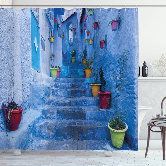 Ambesonne Blue Shower Curtain, Colorful Flowers on Street, 69"Wx70"L, Multicolor