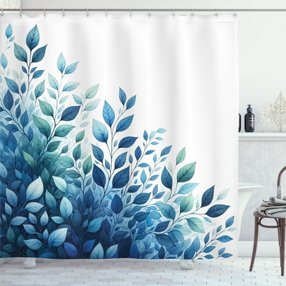 Ambesonne Blue Shower Curtain, Diagonal Watercolor Leaves Art, 69"Wx70"L, Teal Blue and White