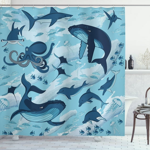 Ambesonne Blue Shower Curtain, Dolphins Octopus Starfish, 69"Wx84"L, Blue