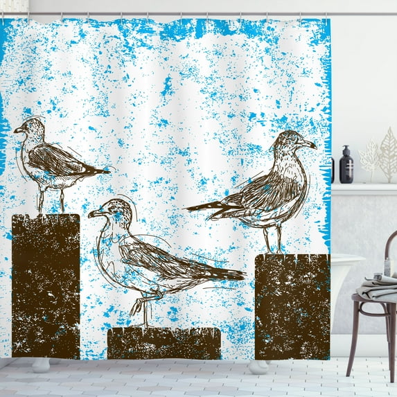 Ambesonne Blue Shower Curtain, Grungy Sketch Seagulls, 69"Wx75"L, Blue White Brown