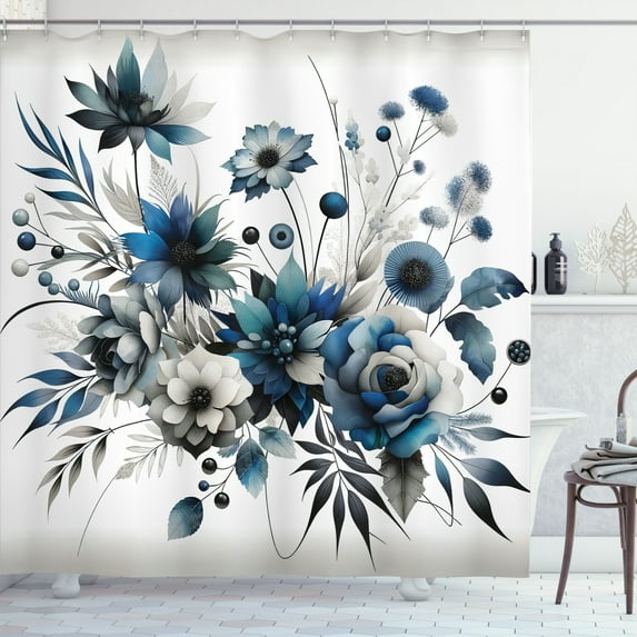 Ambesonne Blue Shower Curtain, Modern Watercolor Bouquet Art, 69"Wx84"L, Slate Blue and Coconut