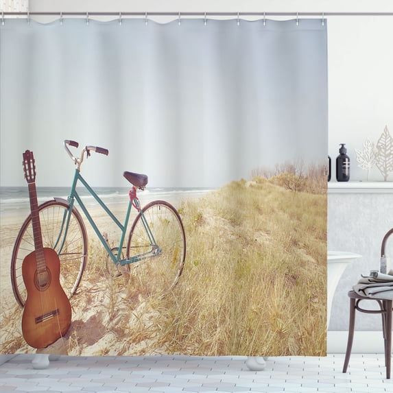 Ambesonne Blue Shower Curtain, Old Vintage Guitar Beach, 69"Wx70"L, Blue