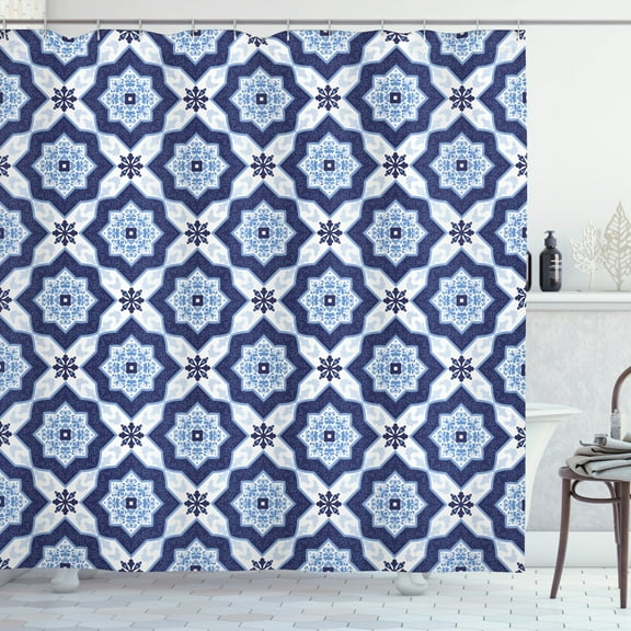 Ambesonne Blue Shower Curtain, Portuguese Azulejo Pattern, 69"Wx84"L, Pale Blue and Dark Blue