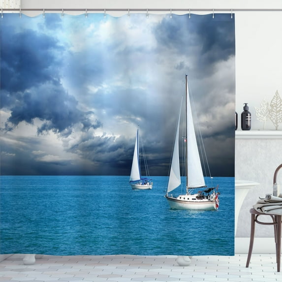 Ambesonne Blue Shower Curtain, Sailing After Storm Clouds, 69"Wx75"L, Blue Grey Blue White