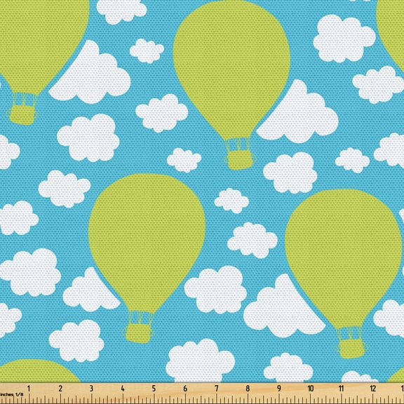 Ambesonne Blue Sky Fabric by the Yard Upholstery, Graphic Hot Air Balloons, 1 Yard, Yellow Green Sky Blue