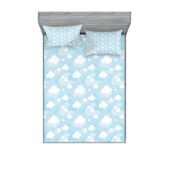 Ambesonne Blue Sky Fitted Sheet & Pillow Sham Set, Rhythmic Clouds Graphic, King, Pale Blue White