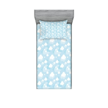 Ambesonne Blue Sky Fitted Sheet & Pillow Sham Set, Rhythmic Clouds Graphic, Twin, Pale Blue White