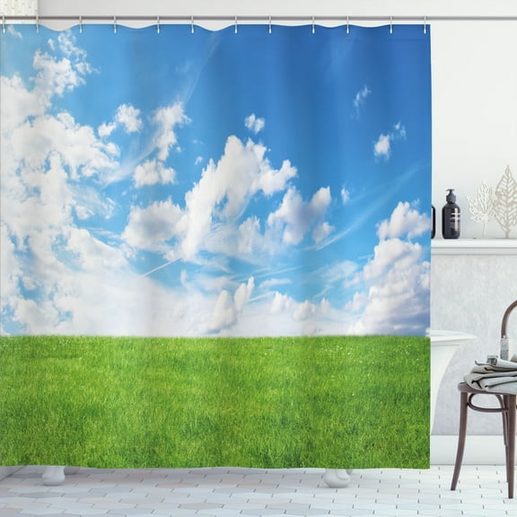 Ambesonne Blue Sky Shower Curtain, Greenery Land Clouds Scene, 69"Wx75"L, Lime Green and Sea Blue