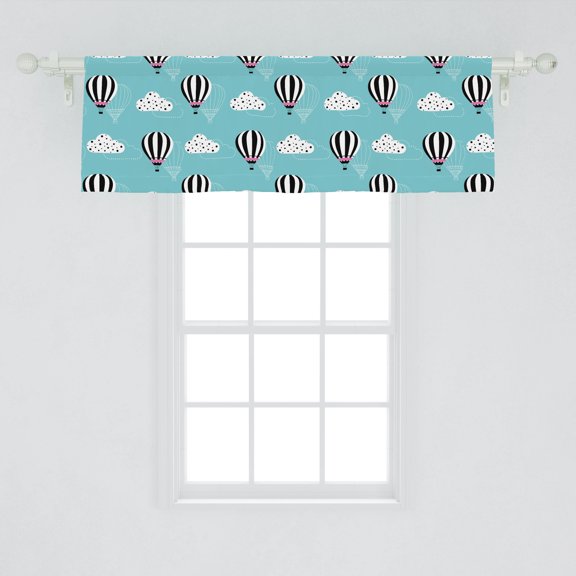 Ambesonne Blue Sky Window Valance, Doodle Art of Hot Air Balloons Polka Dots Stripes and Clouds Dash Line Style, Curtain Valance for Kitchen Bedroom Decor with Rod Pocket, 54" X 18", Sky Blue Grey