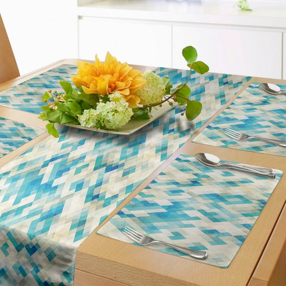 Ambesonne Blue Table Runner & Placemats, Hexagonal Abstract Grunge, Placemat 4 pcs + Runner 14"x72", Turquoise White