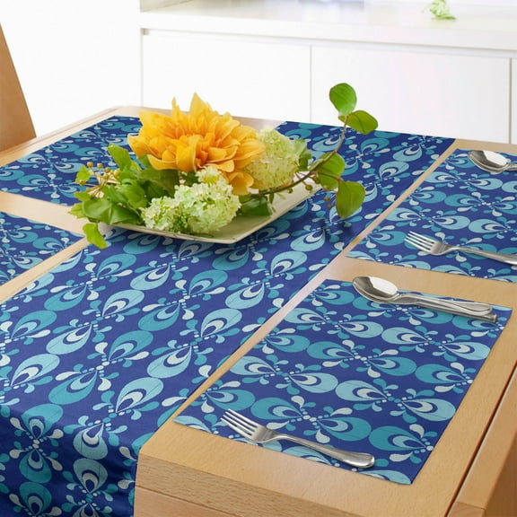 Ambesonne Blue Table Runner & Placemats, Ikat Inspired Boho, Placemat 4 pcs + Runner 16"x90", Turquoise Pale Blue