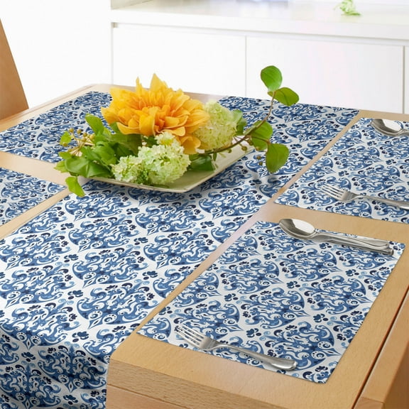 Ambesonne Blue Table Runner & Placemats, Indigo Victorian Design, Placemat 4 pcs + Runner 12"x72", Petrol Blue Turquoise