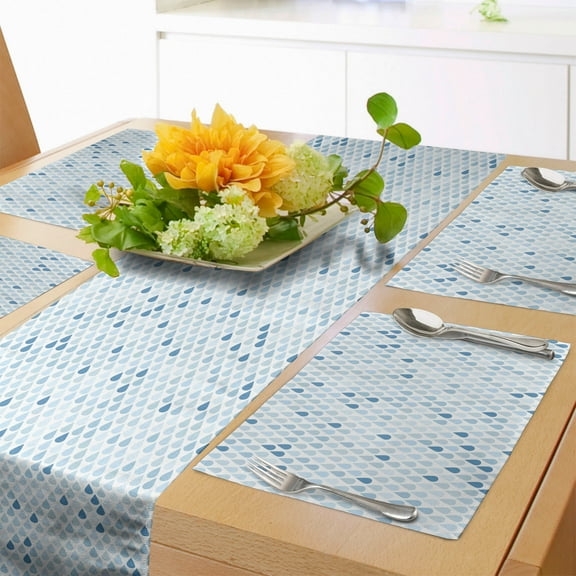 Ambesonne Blue Table Runner & Placemats, Raindrops White Navy, Placemat 4 pcs + Runner 16"x90", Pale Blue