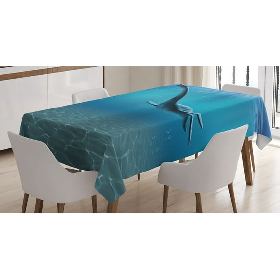 Ambesonne Blue Tablecloth Rectangular Table Cover, Aquatic Dinosaur, 60"x84", Blue