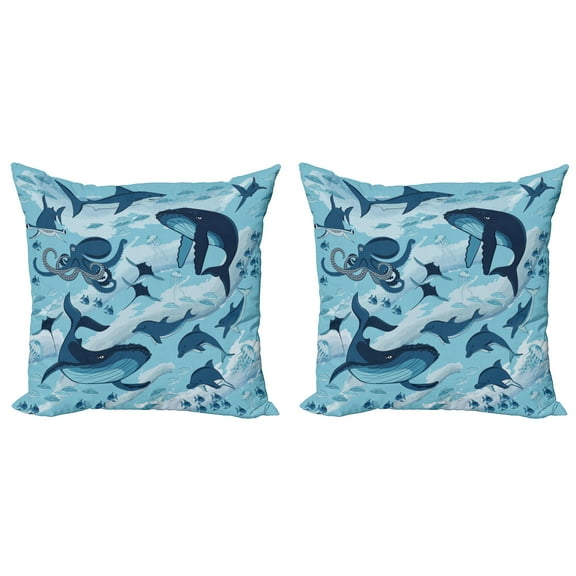 Ambesonne Blue Throw Pillow Cover 2 Pack, Dolphins Octopus Starfish, 20", Blue