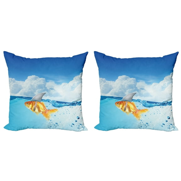 Ambesonne Blue Throw Pillow Cover 2 Pack, Goldfish with Shark Fin, 24", Blue Orange