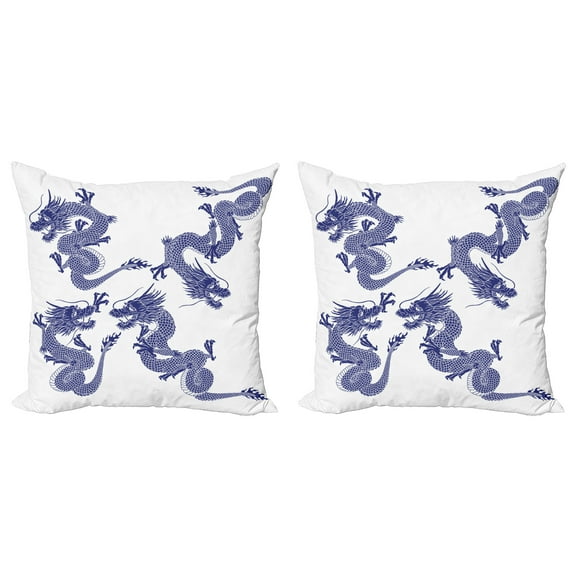 Ambesonne Blue Throw Pillow Cover 2 Pack, Japanese Dragons Mythical, 16", Blue
