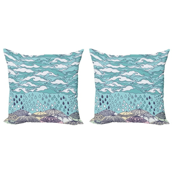 Ambesonne Blue Throw Pillow Cover 2 Pack, Rain and Umbrellas Fall, 16", Blue Purple