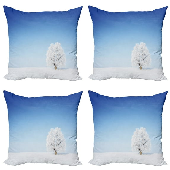 Ambesonne Blue Throw Pillow Cover 4 Pack, Alone Tree Snowy Field, 18", White Blue