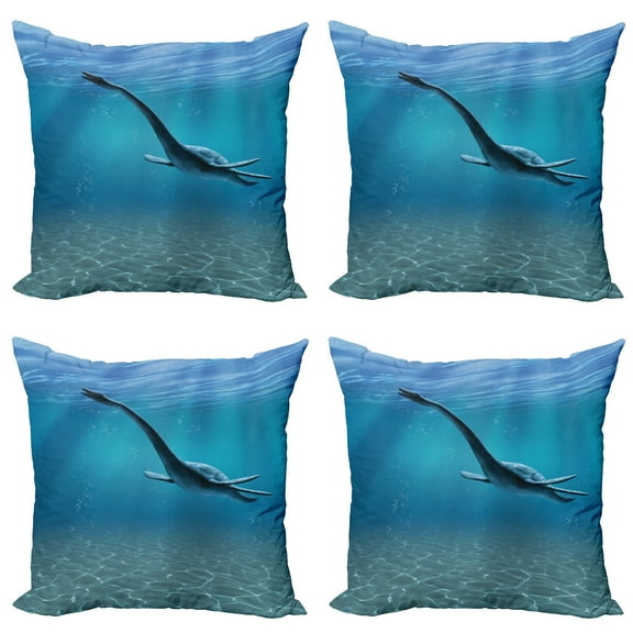 Ambesonne Blue Throw Pillow Cover 4 Pack, Aquatic Dinosaur, 18", Blue