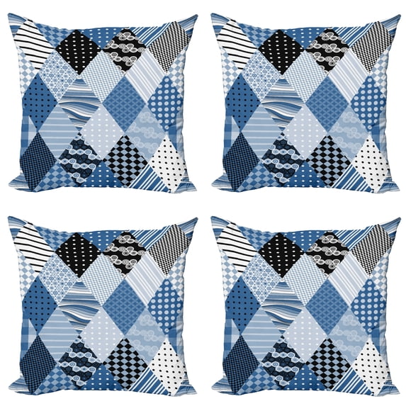 Ambesonne Blue Throw Pillow Cover 4 Pack, Diamond Shaped Patchworks, 16", Blue Black