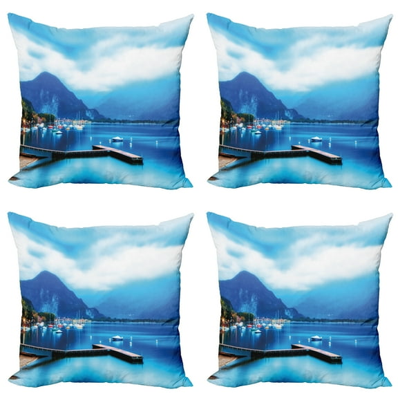Ambesonne Blue Throw Pillow Cover 4 Pack, Italian Harbor Village, 16", Blue