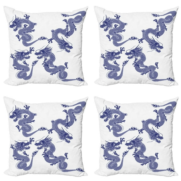 Ambesonne Blue Throw Pillow Cover 4 Pack, Japanese Dragons Mythical, 20", Blue