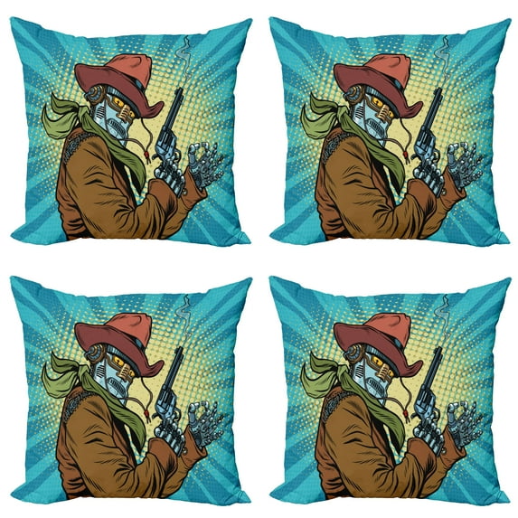 Ambesonne Blue Throw Pillow Cover 4 Pack, Western Style Robot Cowboy, 16", Petrol Blue and Brown