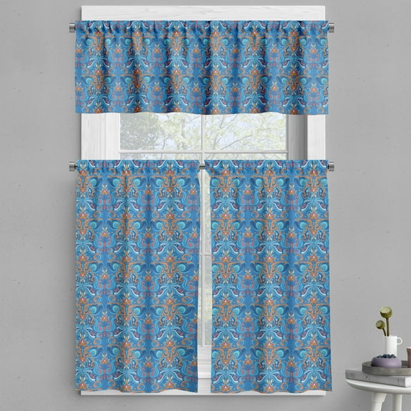 Ambesonne Blue Valance & Curtain, Abstract Floral Ornaments, 55"x30", Blue Orange Coral